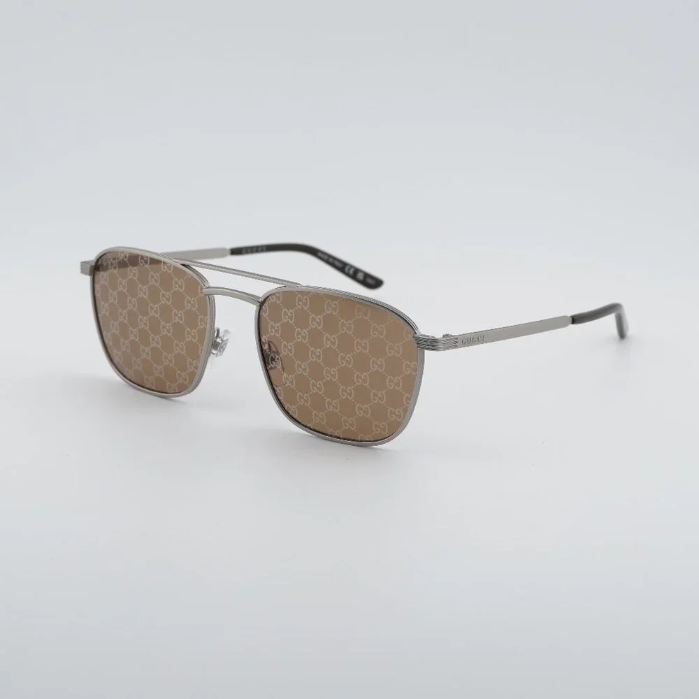 Gucci GG1881S 004 Sunglasses Silver Square Frame, Brown with GG Pattern Lenses
